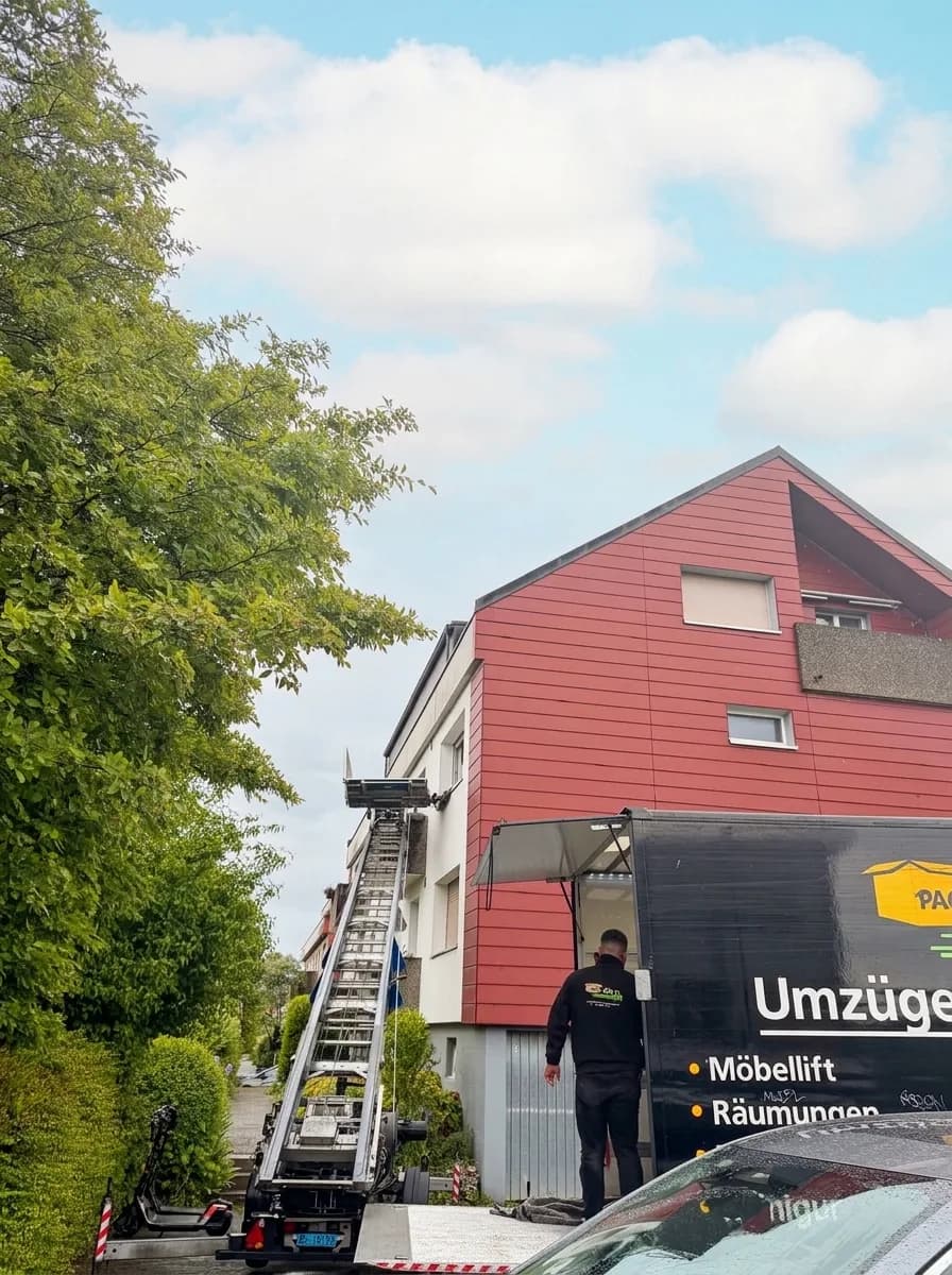 Mitarbeiter von Pack & Go beim Möbellift-Einsatz mit Umzugswagen in Basel